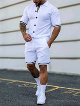 Walking view of men’s plus size Zayric StripeEdge button-up top and shorts set in white — styled with white sneakers, showcasing relaxed fit in motion.