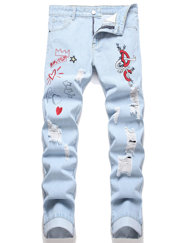 Front view of Zevoryx Crestwave Embroidered Distressed Slim Fit Jeans in sky blue